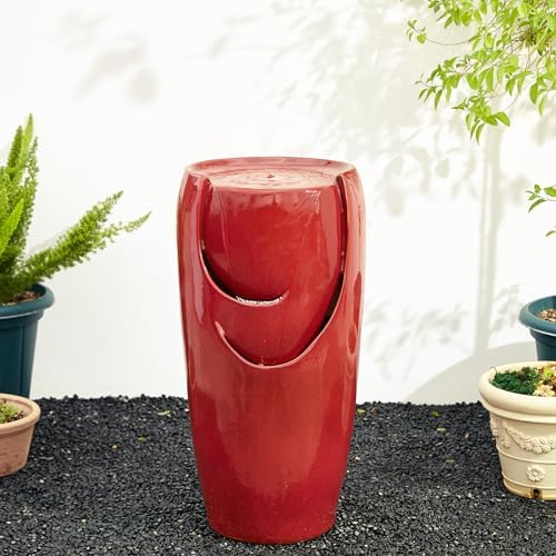 Glitzhome Oversized Ceramic Fountain with LED Light and Pump Red