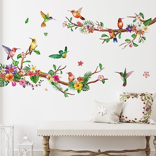 Zonon 6 Pcs Flowers Wall Decals with Dragonflies and Hummingbirds
