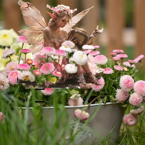 Fairy Garden Stake Decor Panel - Pink Fairy Reading a Book