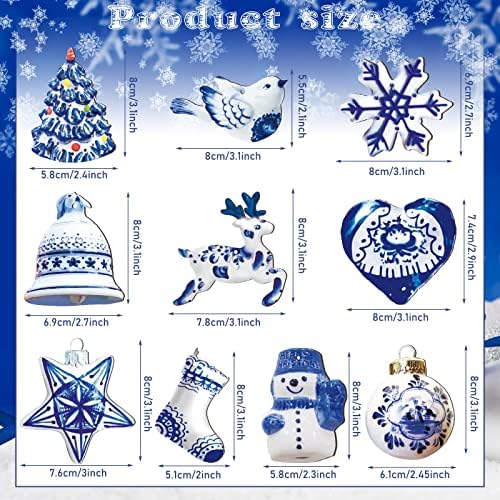 Meooeck 40 Piece Blue White Porcelain Wooden Christmas Ornament Set