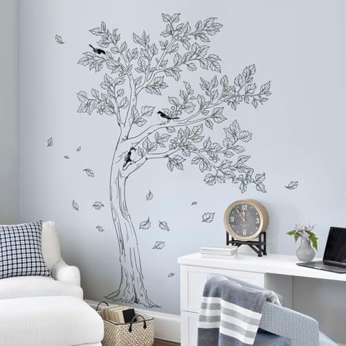Large Sketch Tree Wall Decals Black Falling Leaves Birds Wall Sticker