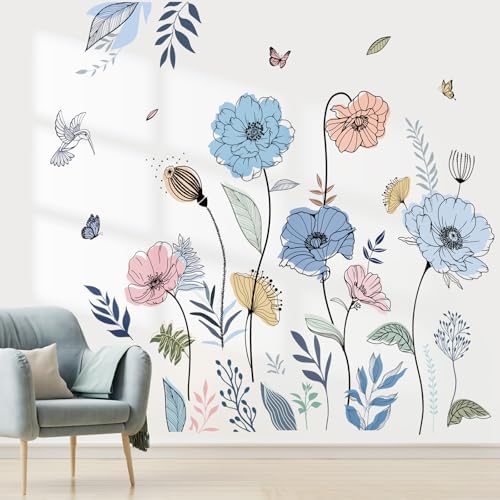 Wondever Blue Boho Flower Wall Stickers for Living Room Bedroom TV Wall