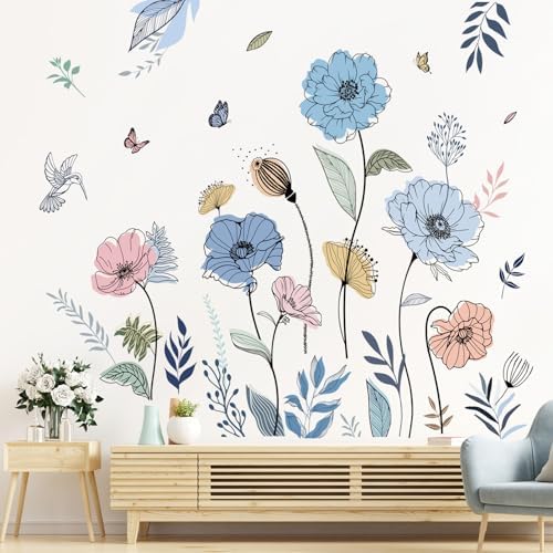 Wondever Blue Boho Flower Wall Stickers for Living Room Bedroom TV Wall