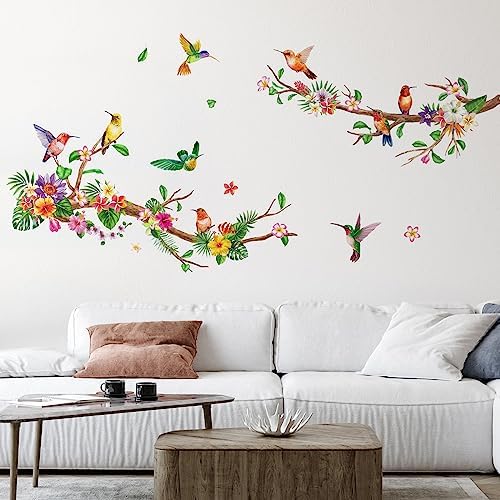 Zonon 6 Pcs Flowers Wall Decals with Dragonflies and Hummingbirds