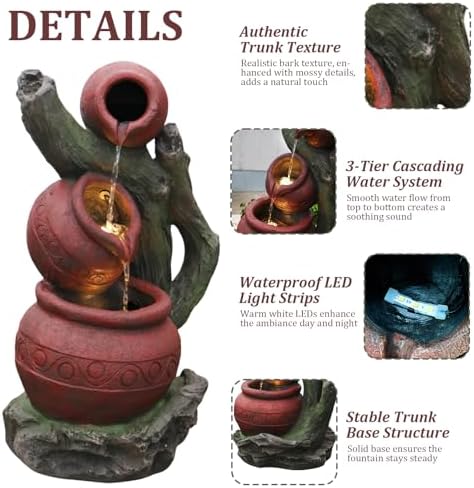 Rustic 3-Tier Jar Fountain with LED Lights