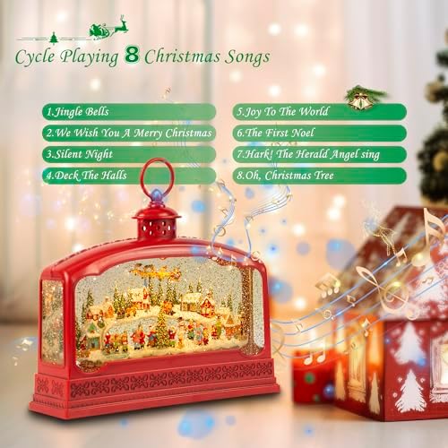 2024 Red Extra Large Musical Snow Globe with Village and Flying Snow