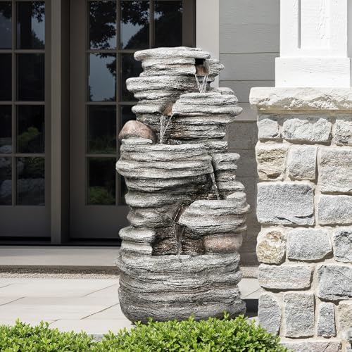 40 Inch LED Water Fountain with 5-Tier Rock Waterfall Design