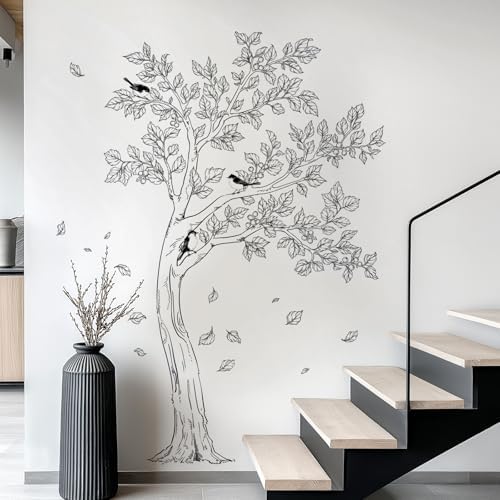 Large Sketch Tree Wall Decals Black Falling Leaves Birds Wall Sticker