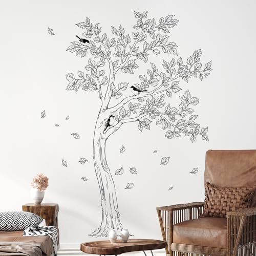 Large Sketch Tree Wall Decals Black Falling Leaves Birds Wall Sticker