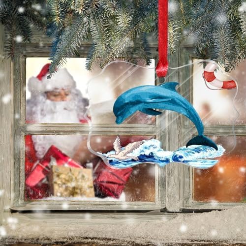 Coastal Dolphin Christmas Ornament Acrylic with Wave Buoy Design