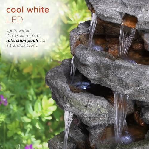 Alpine TZL284 39 Inch 4 Tier Cascading Stone Fountain with LED Lights