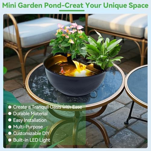 POPOSOAP Mini Water Garden Pond Kit with Waterfall and LED Lighting