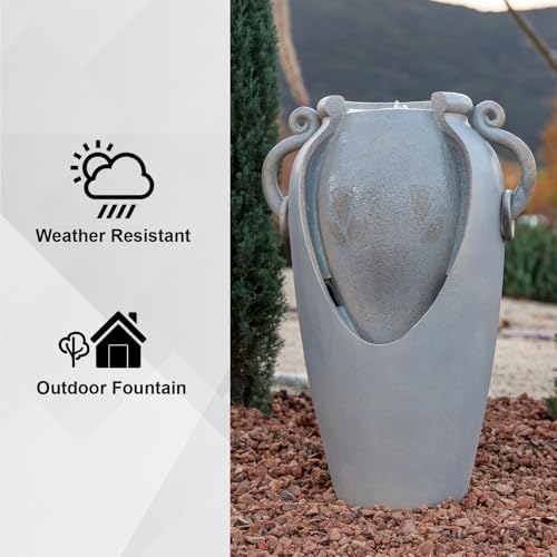 XBrand 34 Inch Solar Pot Fountain with Amphora Design Gray