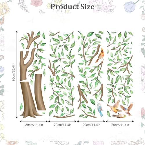Large Green Tree Wall Decals with Falling Leaves Birds