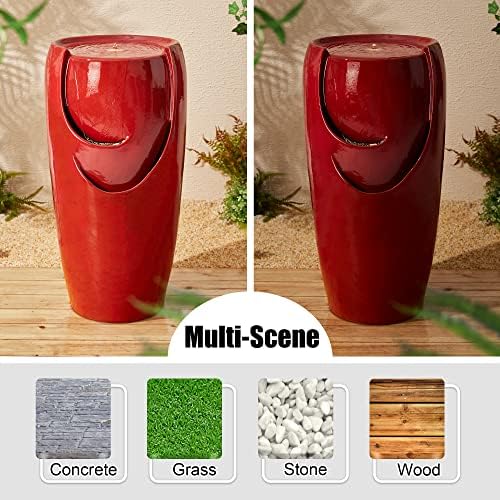 Glitzhome Oversized Ceramic Fountain with LED Light and Pump Red