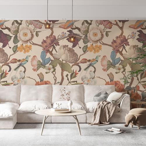 Zeeko Beige Floral Peel and Stick Wall Mural 98 x 59