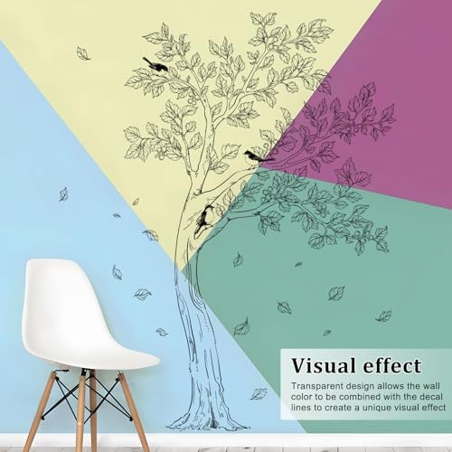 Large Sketch Tree Wall Decals Black Falling Leaves Birds Wall Sticker