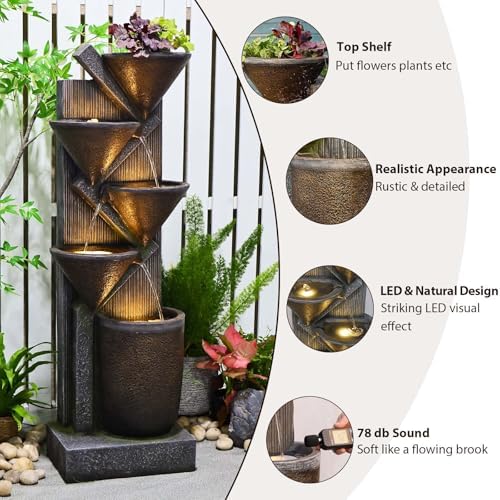 496 H Brown Outdoor Water Fountain with LED Lights and Pump