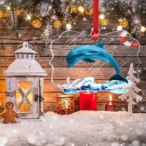Coastal Dolphin Christmas Ornament Acrylic with Wave Buoy Design