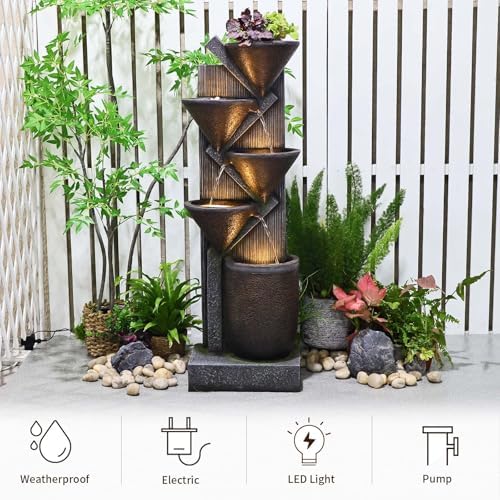496 H Brown Outdoor Water Fountain with LED Lights and Pump