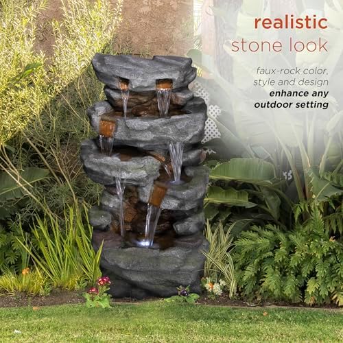 Alpine TZL284 39 Inch 4 Tier Cascading Stone Fountain with LED Lights