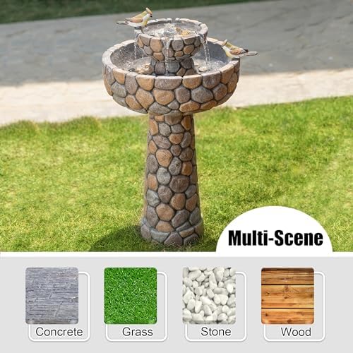 Glitzhome 2-Tier Stone Outdoor Water Fountain with Birds