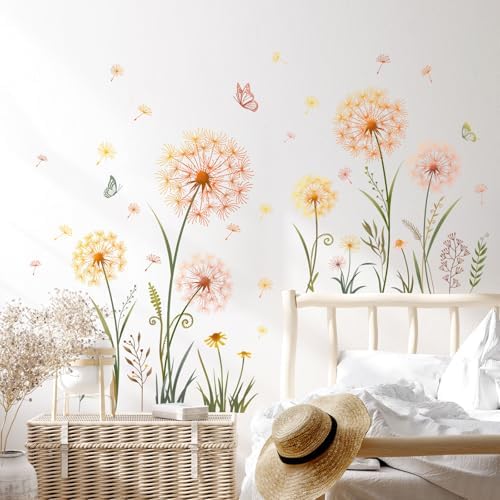Gold Dandelion Flower Butterfly Wall Decals