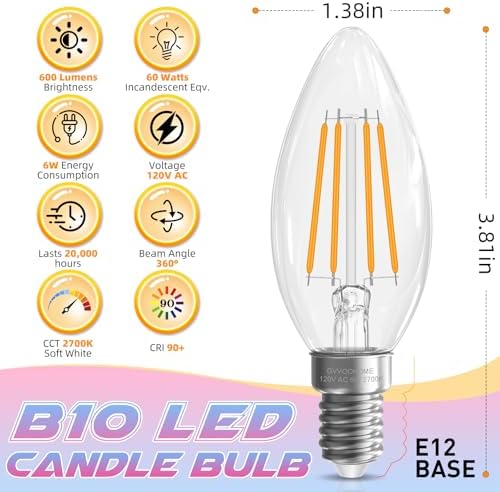 GvvooHome 6W E12 Candelabra LED Bulbs 6 Pack