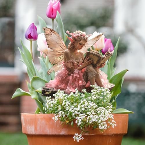 Fairy Garden Stake Decor Panel - Pink Fairy Reading a Book