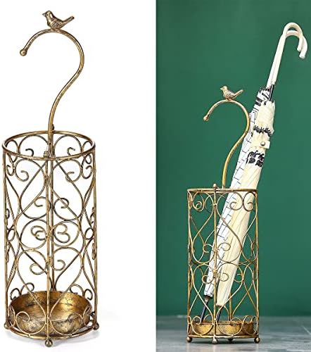 Antique Gold Cast Iron Umbrella Stand with Drip Tray