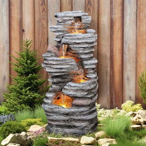 40 Inch LED Water Fountain with 5-Tier Rock Waterfall Design