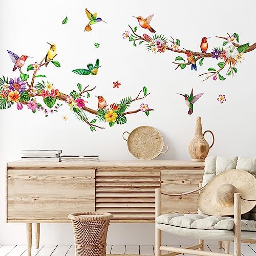 Zonon 6 Pcs Flowers Wall Decals with Dragonflies and Hummingbirds