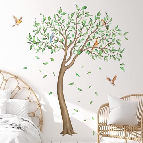 Large Green Tree Wall Decals with Falling Leaves Birds