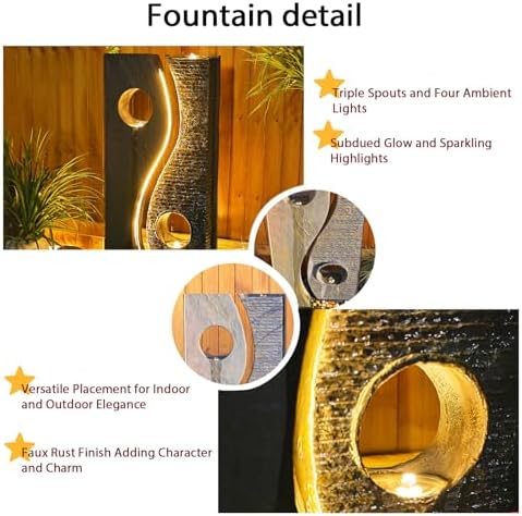47 Inches Freestanding Water Fountain with LED Lights and Faux Rust Finish