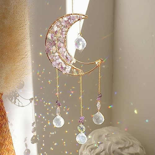 Crystal Moon Suncatcher with Rainbow Colors Amethyst