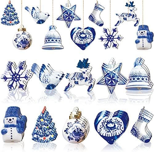 Meooeck 40 Piece Blue White Porcelain Wooden Christmas Ornament Set