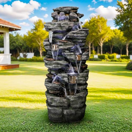 SunJet 472 Inch Multi-Tier Rock Water Fountain with LED Lights