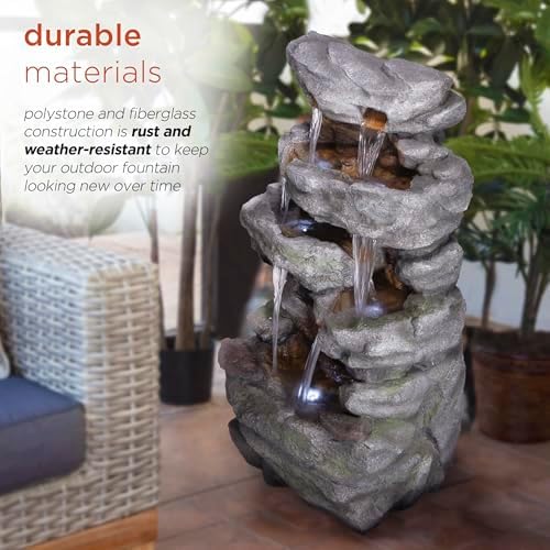 Alpine TZL284 39 Inch 4 Tier Cascading Stone Fountain with LED Lights