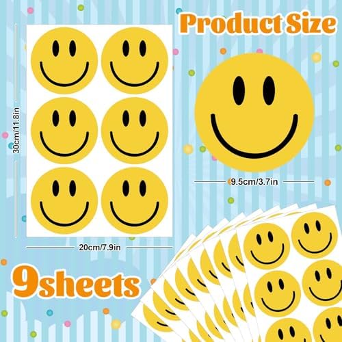 9 Sheets Yellow Happy Face Wall Decals for Home Classroom Party Supplies