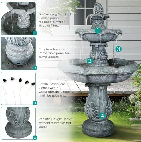 SunJet 48 Inch 3-Tier Concrete Outdoor Water Fountain
