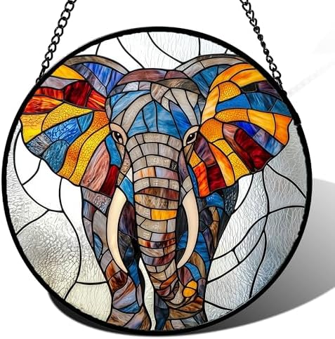 Colorful Elephant Stained Glass Window Hanging