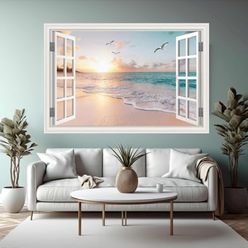 Fake Window Wall Decal Summer Beach Seascape Set of 2