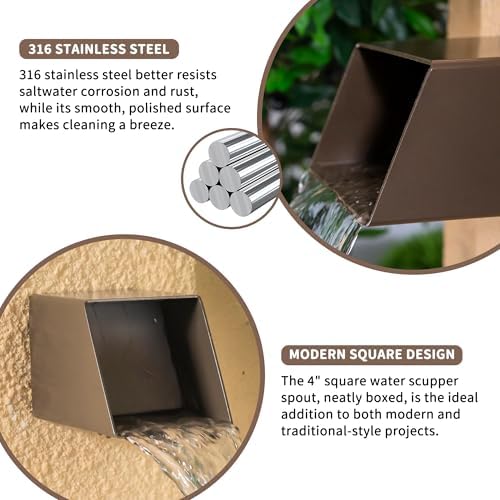 PONDO 4 Square Outdoor Water Fountain Spout - 316 Stainless Steel