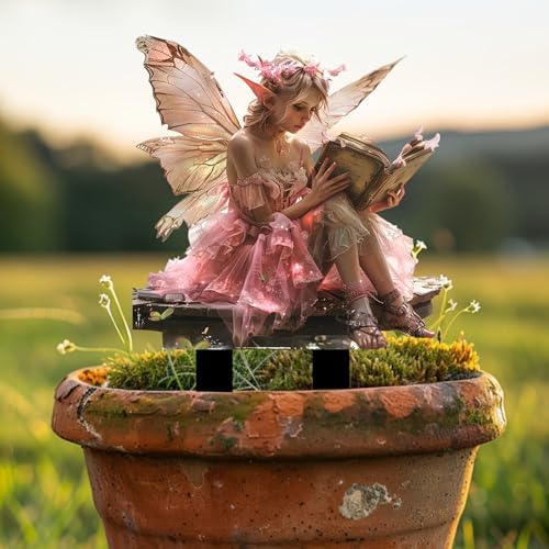 Fairy Garden Stake Decor Panel - Pink Fairy Reading a Book