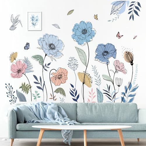 Wondever Blue Boho Flower Wall Stickers for Living Room Bedroom TV Wall