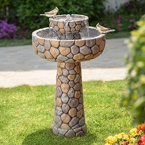 Glitzhome 2-Tier Stone Outdoor Water Fountain with Birds