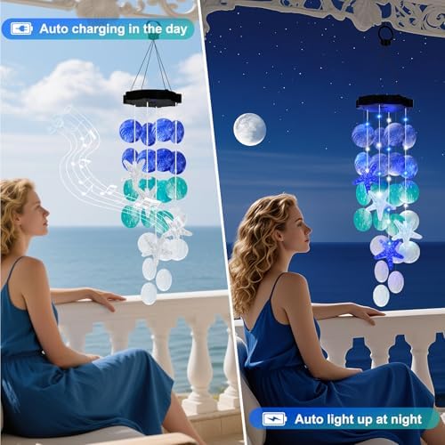Solar Wind Chime with Blue Shells for Garden Decor