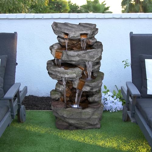 Alpine TZL284 39 Inch 4 Tier Cascading Stone Fountain with LED Lights
