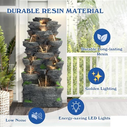 40 H 10-Tier Cascading Rock Water Fountain with LED Lights