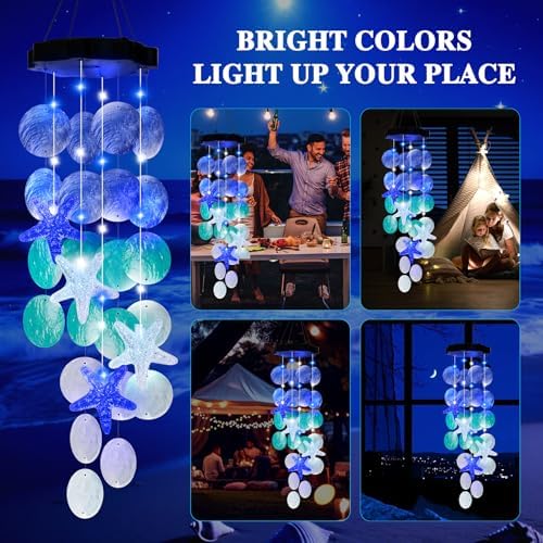 Solar Wind Chime with Blue Shells for Garden Decor